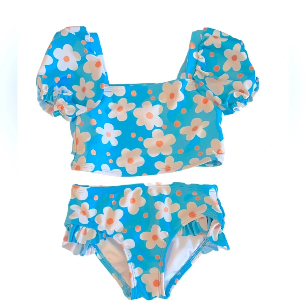 Cat & Jack Girls' Puff Sleeve Crop Top Bikini Set Blue Floral Size 4